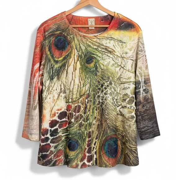 Jess & Jane Womens PXL Artsy Bohemian Maximalist USA Peacock Feather Top Blouse - Picture 1 of 10